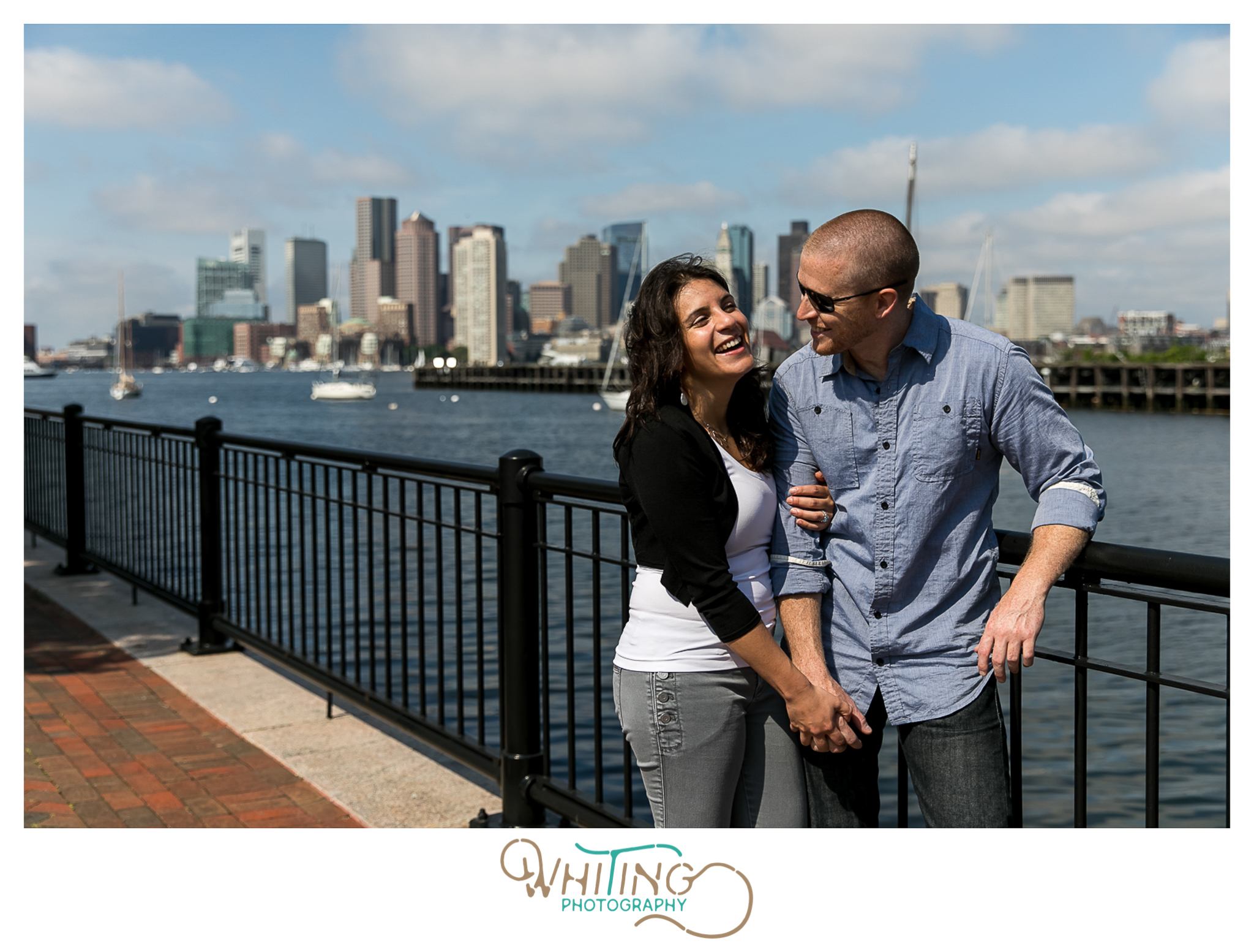 Piers Park Boston Skyline Engagement Session with sunglasses