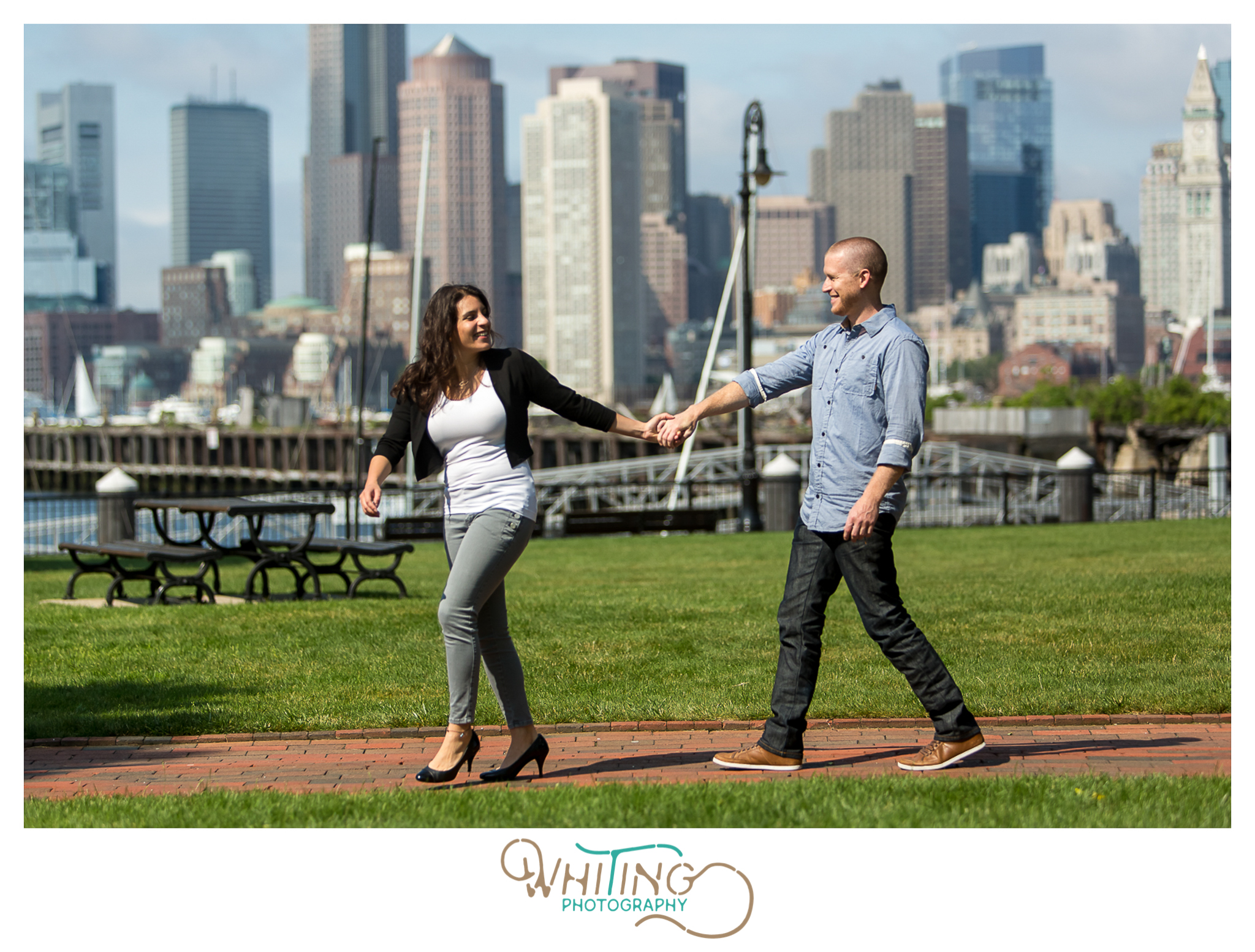 walking engaged couple at Piers Park Boston Engagement Session