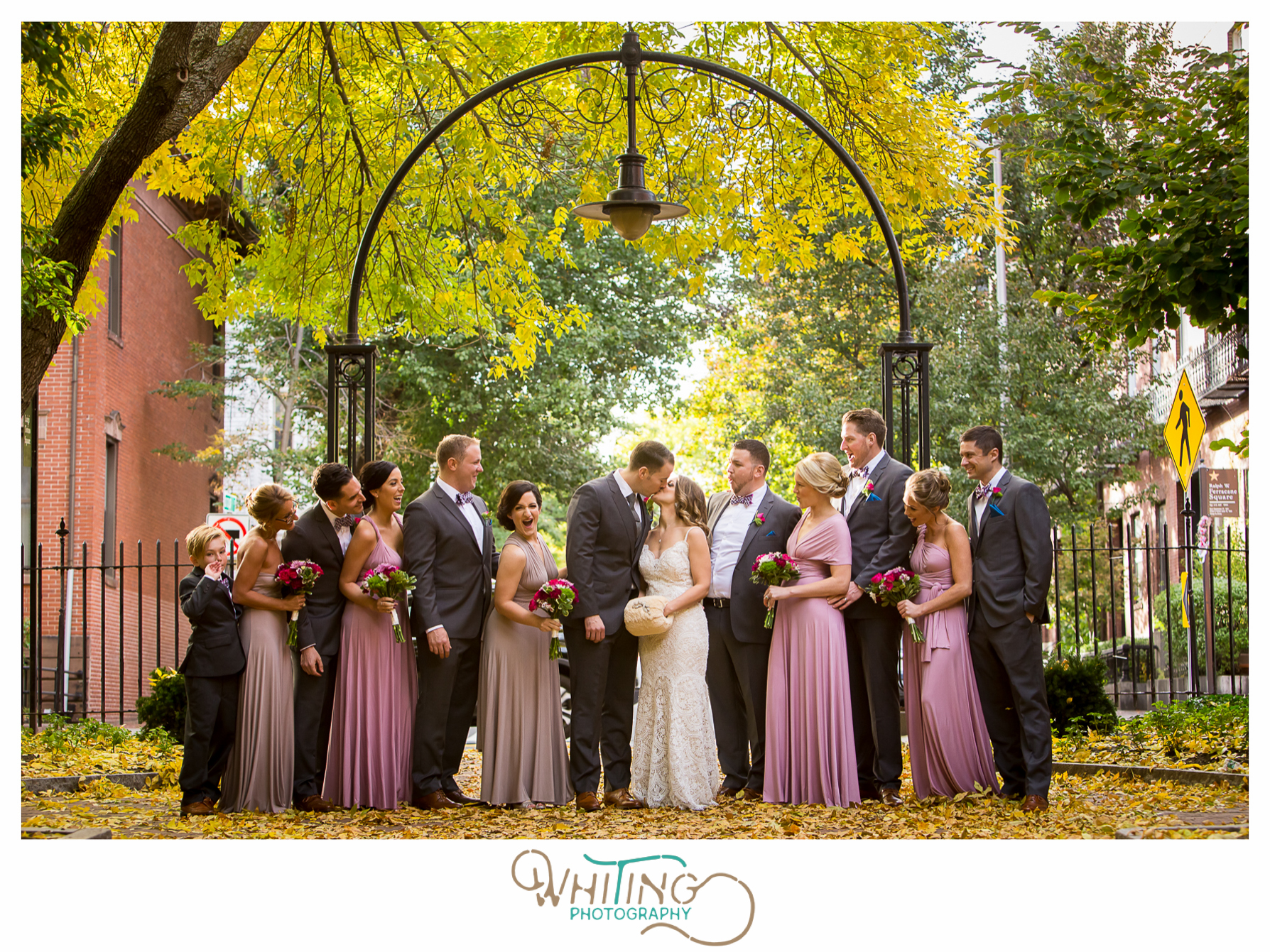 bridal party in fall with leaves at Cambridge Multicultural Arts Center