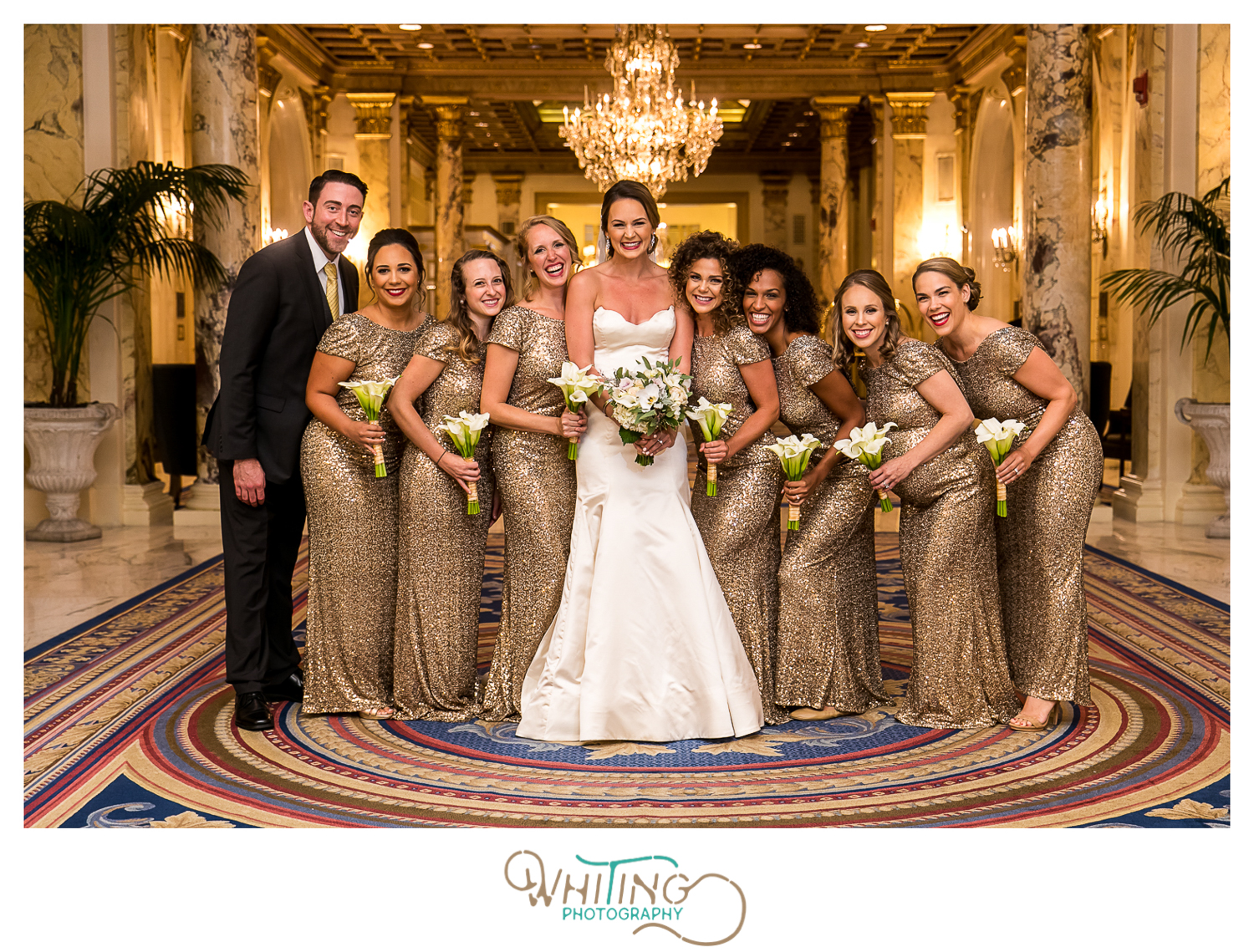 bridesmaids in gold glittery dresses at the Fairmont Copley Plaza Boston