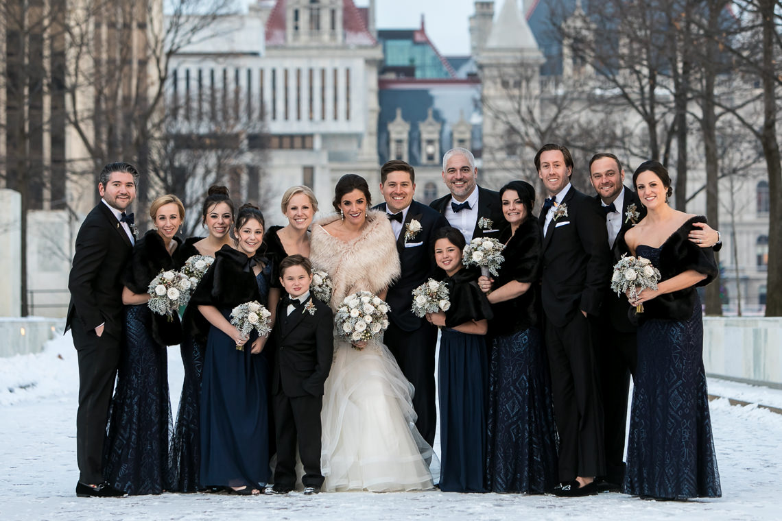 winter bridal party in front of Albany State Capitol, empire state plaza