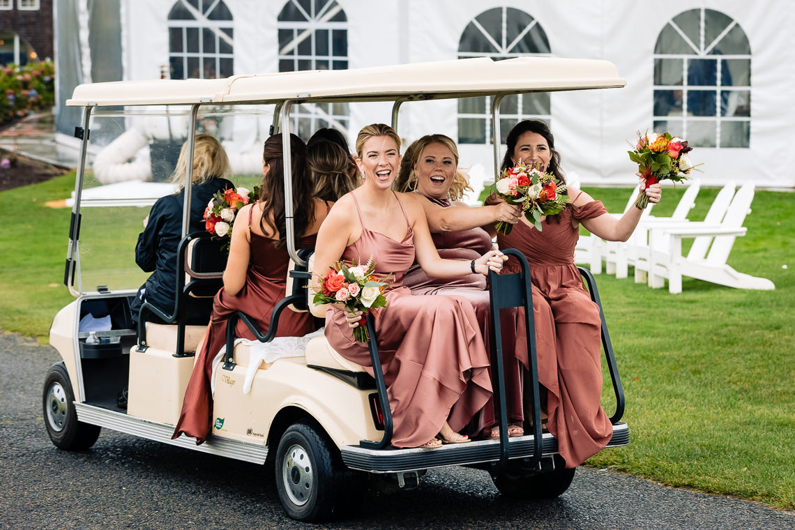 Bridesmaids on golf cart at Granite links